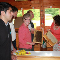 Foto v.l. Stadtrat Abuzar Erdogan, Bezirksrätin Elisabeth Jordan, MdL Ruth Müller mit Vertretern des Bienenzuchtvereins.